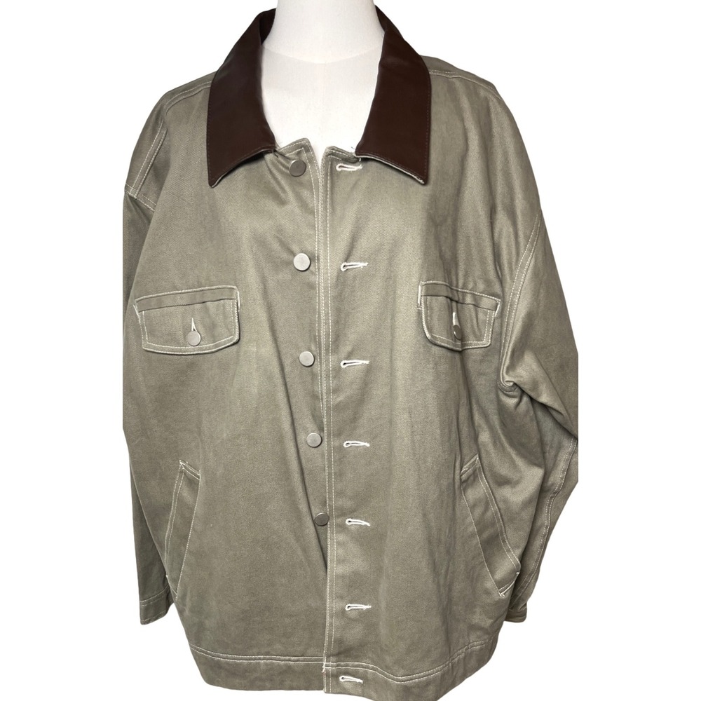Vintage Barn Chore Jacket Cotton Twill Leather Collar Plaid Lined Moon & Sun XL